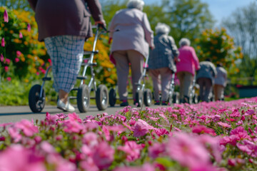 A group of elderly people, aided by walkers, stroll through a park adorned with intense pink flowers. Independence in old age, community support