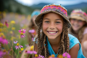 A young girl with braided hair and a colorful hat smiles joyfully in a field of wildflowers, brimming with happiness. Child well-being at the summer camp