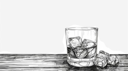 The glass is on the left side of the image, and the ice cubes are on the right side in front of the glass. The background is a dark wood table. The illustration is in a realistic style. - obrazy, fototapety, plakaty