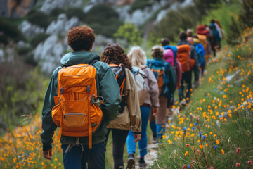 A diverse group of hikers with backpacks trek along a flower-lined trail, exploring nature's beauty in the wild.