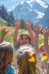 A diverse group of children raise their hands in pure joy in a vibrant alpine meadow with the majestic mountains as a backdrop.Environmental education at summer camp.