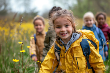 A joyful young girl with a bright smile explores a field of flowers, with her friends blurred in the background