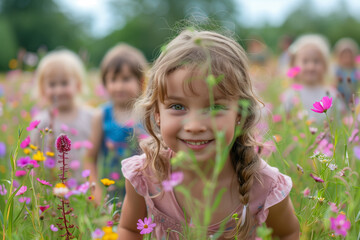 A charming girl with pigtails peeks out from a meadow of wildflowers, showing a playful and exploratory spirit. Child curiosity in nature