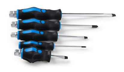 Set of screwdrivers with blue handles isolated on white