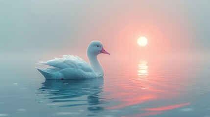   White duck on lake, sunny, foggy ocean - obrazy, fototapety, plakaty