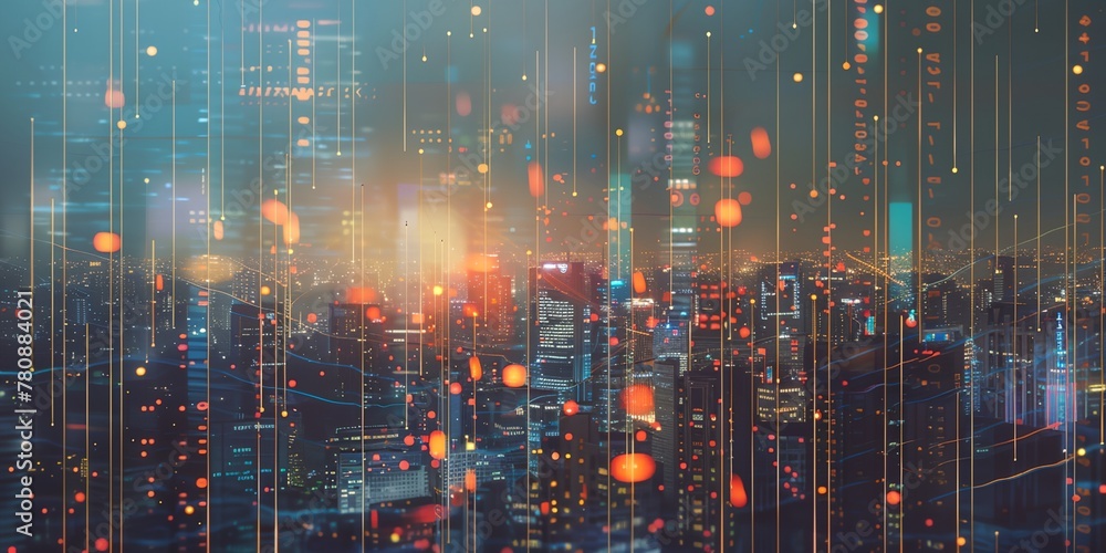 Aufkleber background featuring forex candlestick charts overlaid with elements representing big data, symboliz