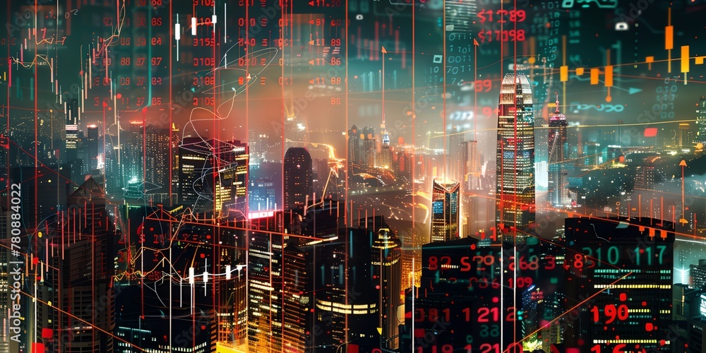 Aufkleber background featuring forex candlestick charts overlaid with elements representing big data, symboliz