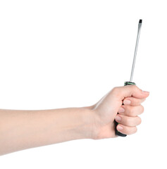 Woman holding screwdriver on white background, closeup