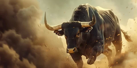 Gordijnen Bull running through a dusty field, exuding strength and vitality against the rustic backdrop © inspiretta