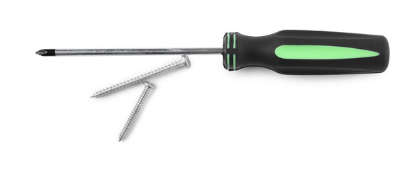 Screwdriver with black handle and screws isolated on white, top view