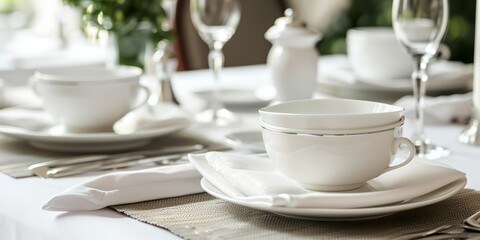 Fototapeta premium Beautifully set table for dinner, adorned with elegant dinnerware, polished silverware, and accompanied by fresh flowers and candles, creating welcoming ambiance for delightful meal.