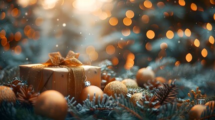 a gift box nestled on a table, framed by a soft blur of a Christmas tree and shimmering golden bokeh lights