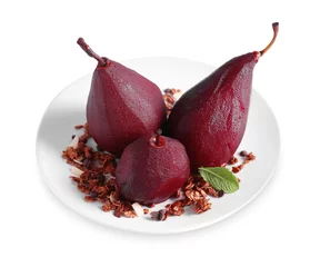 Foto op Plexiglas Tasty red wine poached pears with muesli isolated on white © New Africa