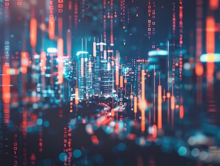 Obraz premium Double exposure image featuring a forex chart overlaid on a city view, blending financial data with urban landscapes