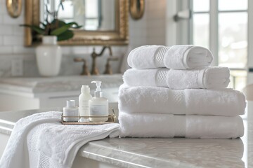 Fototapeta na wymiar Fresh towels, laundered bath textile