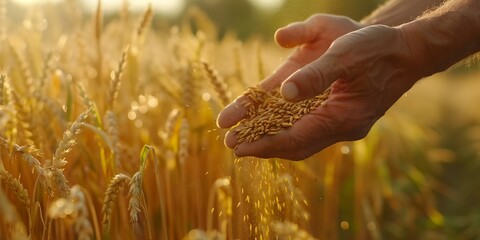 Close-up of a farmer's hands holding handful of wheat grains in wheat field. - obrazy, fototapety, plakaty