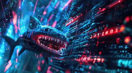 Digital technology phishing concept with blue light and glowing artistic representation of data security and safety in cyberspace with shark