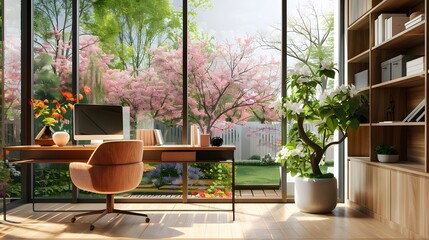 A modern home office with a large window overlooking a quiet, suburban garden in full bloom, providing a peaceful and inspiring work environment with minimalist furniture