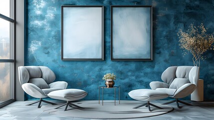 a modern interior adorned with two poster frames, set against a backdrop of a calming blue room, enhanced by a chic beige chair, textured blue plaster wall