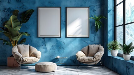 a modern interior adorned with two poster frames, set against a backdrop of a calming blue room,...
