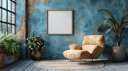 a modern interior featuring two poster frames, nestled within a sophisticated blue room, adorned...