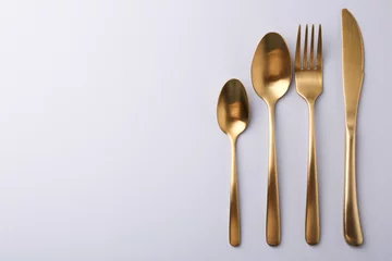 Foto op Canvas Stylish cutlery set on grey table, flat lay. Space for text © New Africa