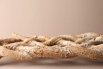 Presentation for product. Braided tree trunk on beige background. Space for text