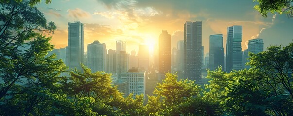 a futuristic cityscape with buildings featuring greenery and sustainable design elements, sustainable future where nature and technology blend seamlessly, harmony between architecture and nature - obrazy, fototapety, plakaty