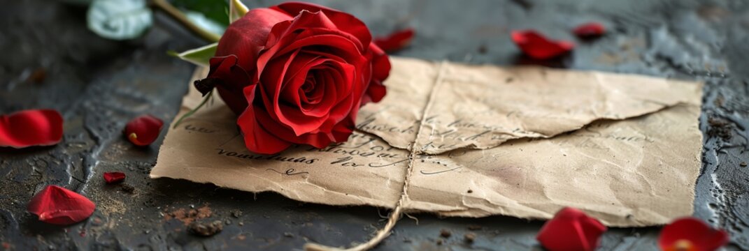 A rose is on top of a piece of paper with a message written on it