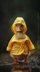 little duck or duckling with a rain cape or rain coat
