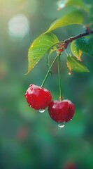 cherry with visable water drops at a branch of a cherry tree