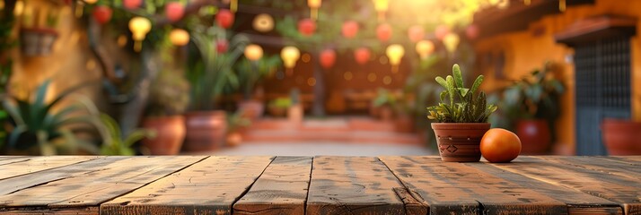 Festive mock-up empty wooden table decorated for Cinco de Mayo celebrations, with vibrant colors, traditional Mexican motifs - obrazy, fototapety, plakaty