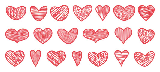 Large set of hand drawn doodle red hearts of various shapes on a white background. Design elements for Valentine's Day, wedding, for web. Vector illustration eps10