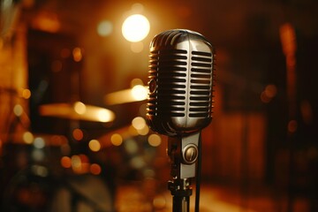 Artist performs with vintage microphone on tripod