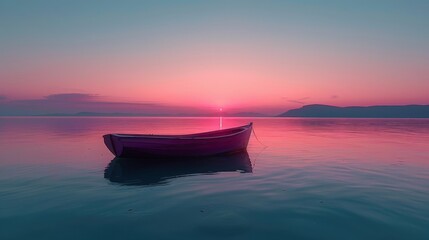   A pink-blue sky above a water body as the sun sets in the distance with a boat floating atop it