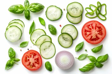 Artistic arrangement of tomato onion cucumber basil Top view Food concept Vegetables on white background Pattern of ingredients - Powered by Adobe
