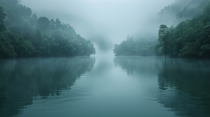   A foggy day surrounds a tree-lined body of water, with a solitary boat in its center - obrazy, fototapety, plakaty