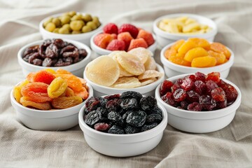 Assorted dried fruits on white dishes on beige linen
