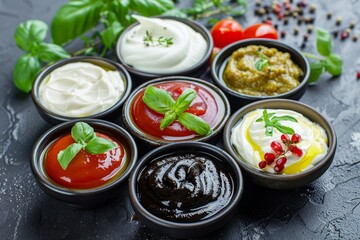 Assorted sauces including soy balsam pomegranate ketchup sour cream mustard - obrazy, fototapety, plakaty