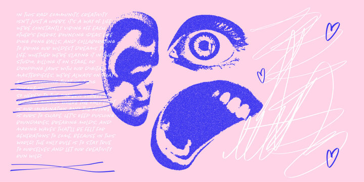 Contemporary banner with anti-design concept. Face with retro photocopy effect, hand drawn doodles and text.