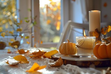 Autumn weekend concept with fallen leaves and home decoration Still life of pumpkins candle brunch on white table in cozy house