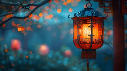 a traditional oriental lantern shines amidst a dreamy bokeh of lights, casting a spell of serenity...