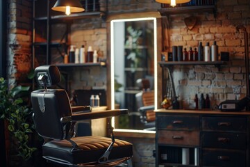 Barbershop with backlit mirror and open area for haircuts in workplace - obrazy, fototapety, plakaty