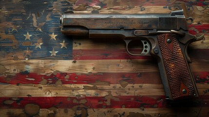 Colt Peacemaker. Us flag and gun concept independence day background. Judge gavel and gun on USA flag. Gun law concept,  Ai generated - obrazy, fototapety, plakaty