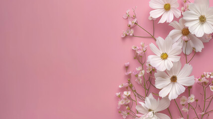 White flowers and delicate blossoms on a soft pink background