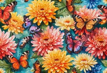 Vibrant blooms chrysanthemum flowers and fluttering wings - obrazy, fototapety, plakaty