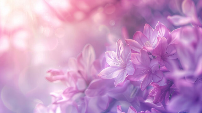 Soft focus on pink spring blossoms with a dreamy, sunlit background