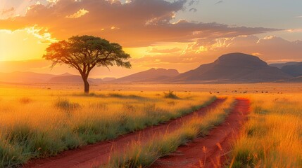 Obraz premium A dirt path traversing a field's heart, tree standing centrally, mountains backdropping behind