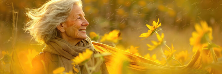 Naklejka na ściany i meble A joyful woman enjoys a peaceful moment surrounded by vibrant autumnal blooms at sunset