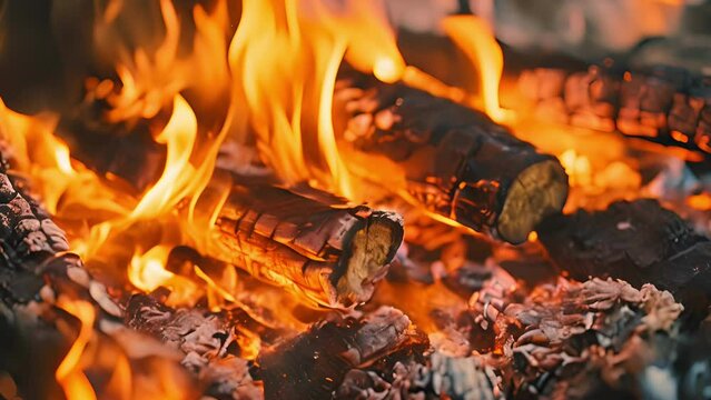 A closeup view of a vibrant blazing fire with intense orange and yellow flames consuming pieces of wood. Beauty of nature concept